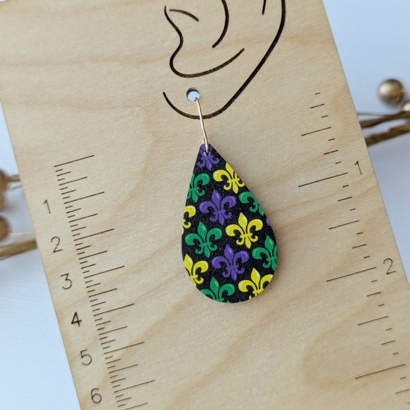Mardi Gras Print Wooden Earrings, Teardrop Shape, Handmade - Picture 2 of 3